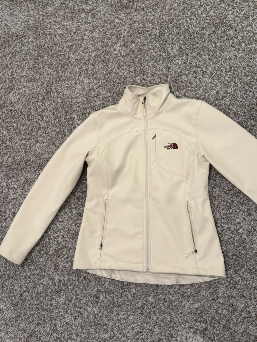 The North Face Cream Utility Softshell Jacket with Maroon Logo